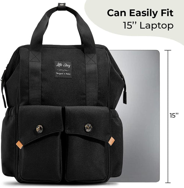 The Ellie & Luke Multifunctional Diaper Bag (Black) is shown next to a 15-inch laptop, highlighting its ample storage. The phrase "Can Easily Fit 15'' Laptop" appears in the corner, and it includes insulated bottle holders for convenience.