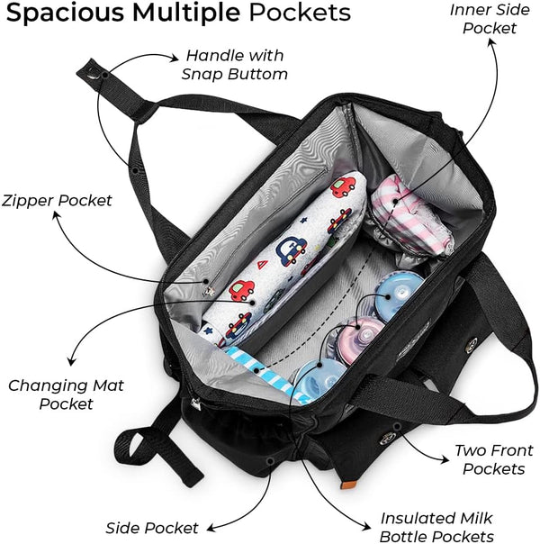 The Ellie & Luke Multifunctional Diaper Bag in black is shown open, displaying its modern design and ample storage. It has multiple labeled pockets, containing a changing mat, bottles, and a rolled patterned item. Features include zipper pockets, side and front pockets, and insulated bottle holders.