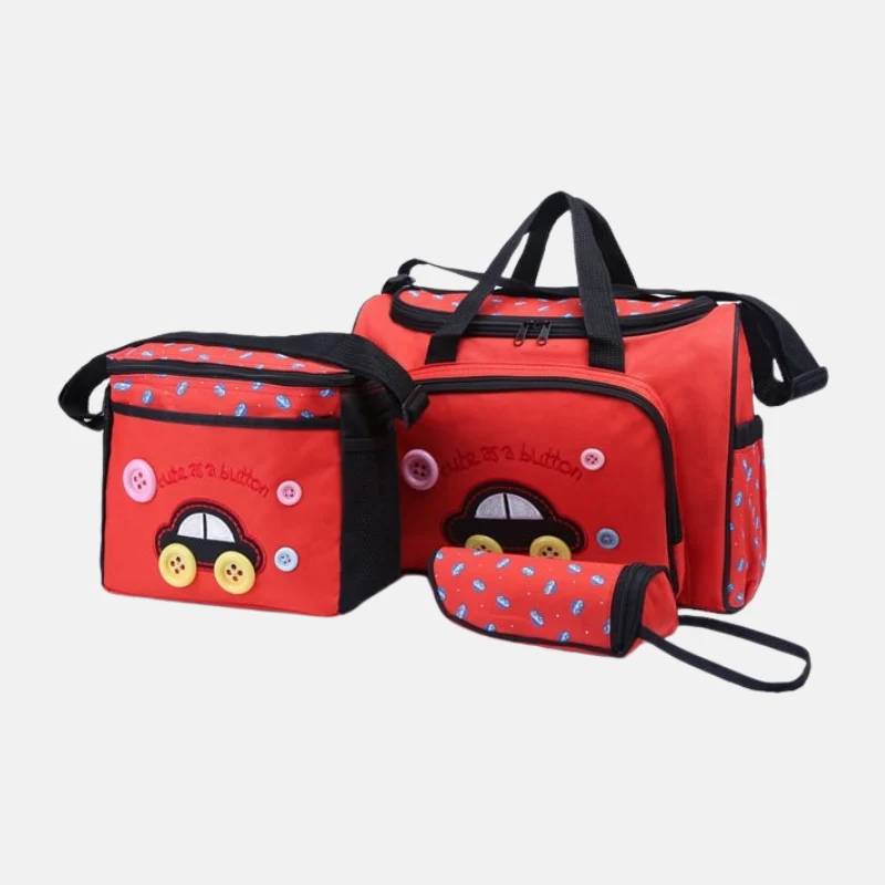 The Alaya Junior Baby Diaper Bag 4 PCS Set, crafted from skin-friendly material, includes a three-piece red and black travel set adorned with charming car and button designs. This playful set features a large duffel, an insulated bag, and a pouch, making it perfect for use as a Mommy Diaper Bag for kids or fun-loving adults.