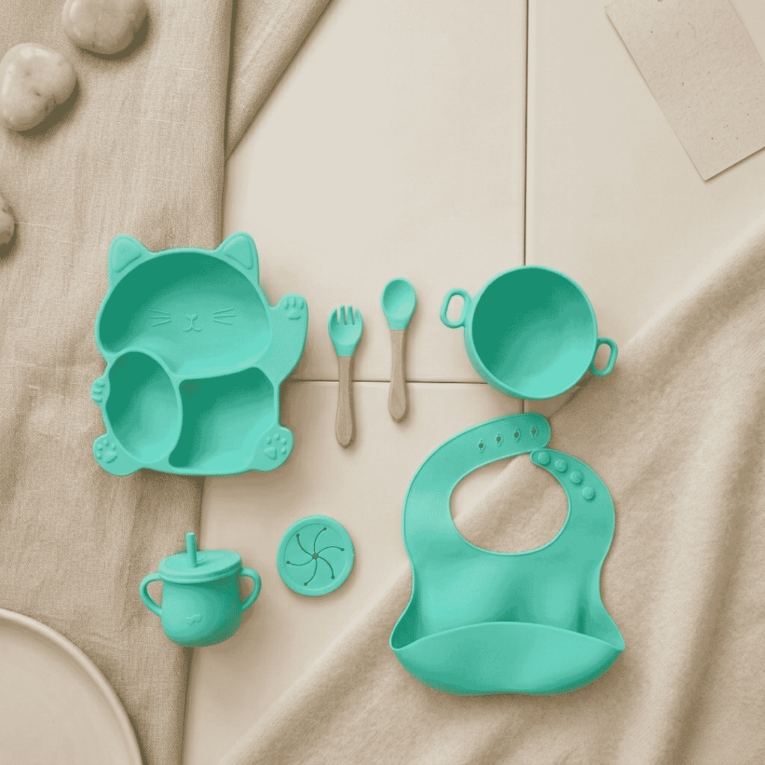 7-Piece Baby Silicone Feeding Set - BPA-Free Mealtime Essentials -Kitty