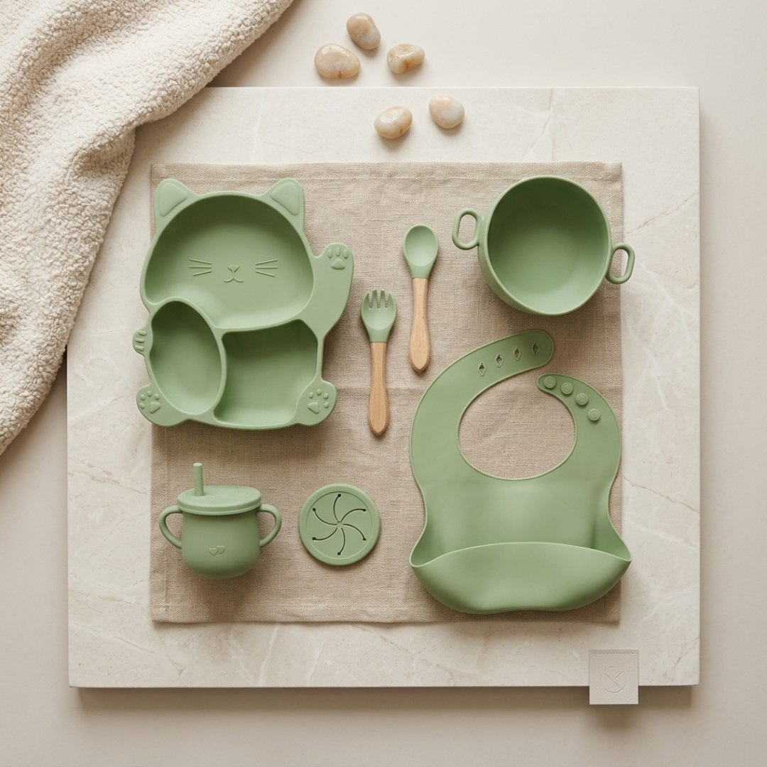 7-Piece Baby Silicone Feeding Set - BPA-Free Mealtime Essentials -Kitty