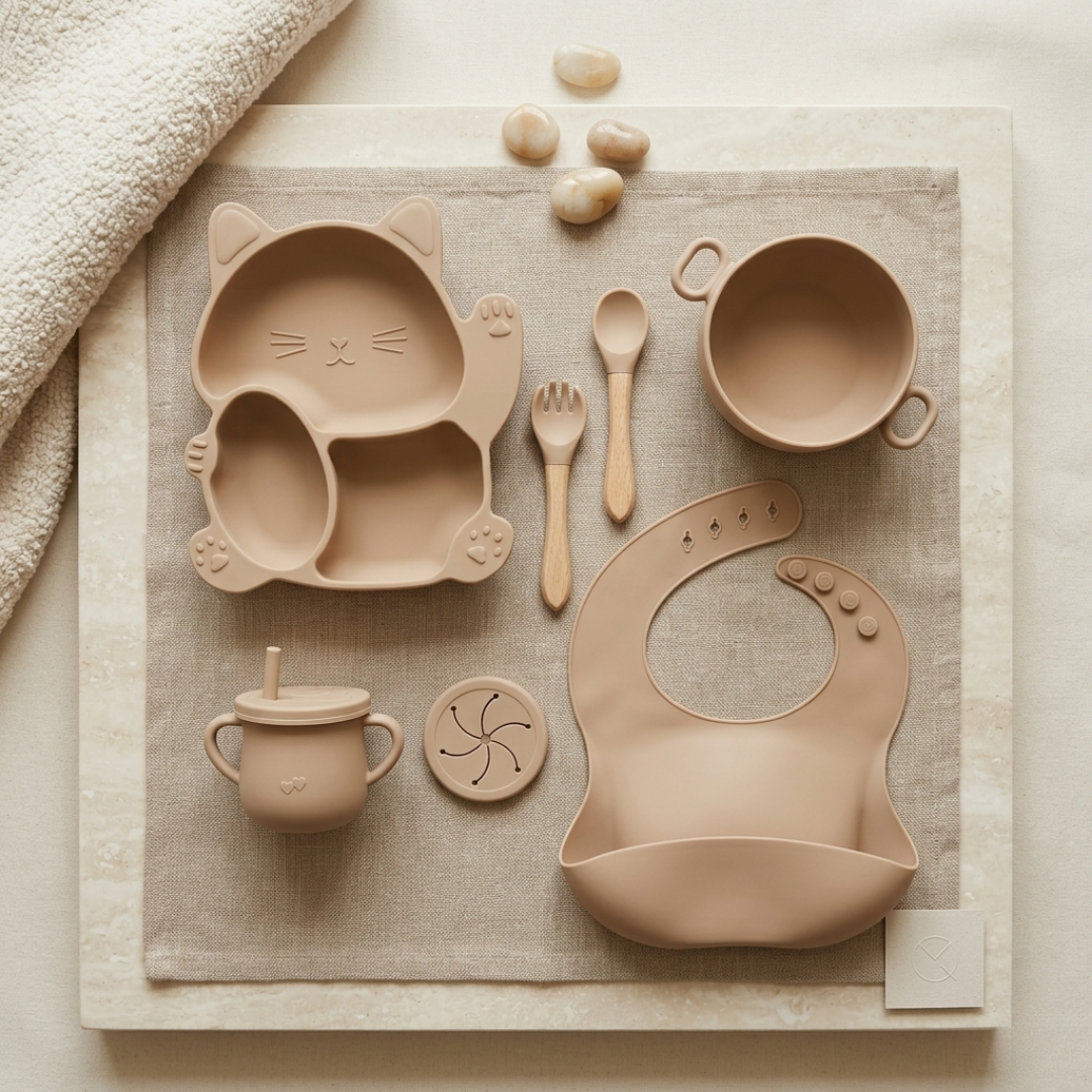 7-Piece Baby Silicone Feeding Set - BPA-Free Mealtime Essentials -Kitty