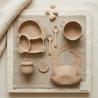 7-Piece Baby Silicone Feeding Set - BPA-Free Mealtime Essentials -Kitty