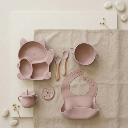7-Piece Baby Silicone Feeding Set - BPA-Free Mealtime Essentials -Kitty