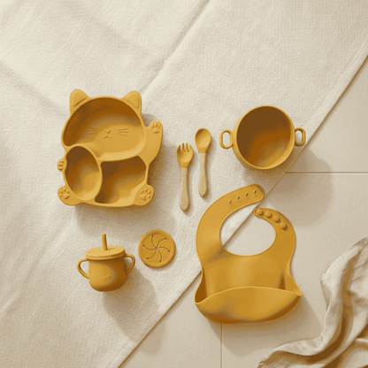 7-Piece Baby Silicone Feeding Set - BPA-Free Mealtime Essentials -Kitty