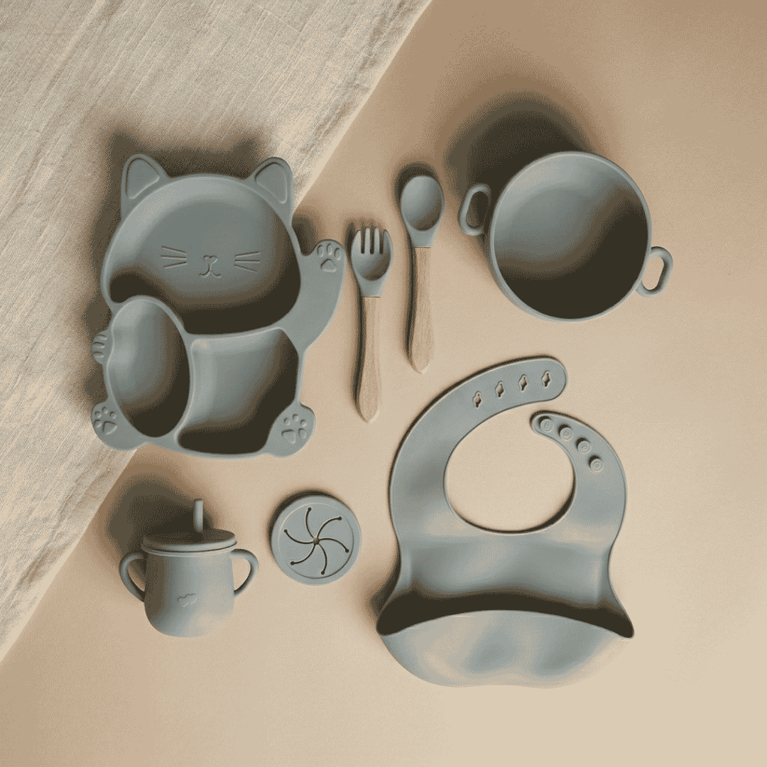 7-Piece Baby Silicone Feeding Set - BPA-Free Mealtime Essentials -Kitty