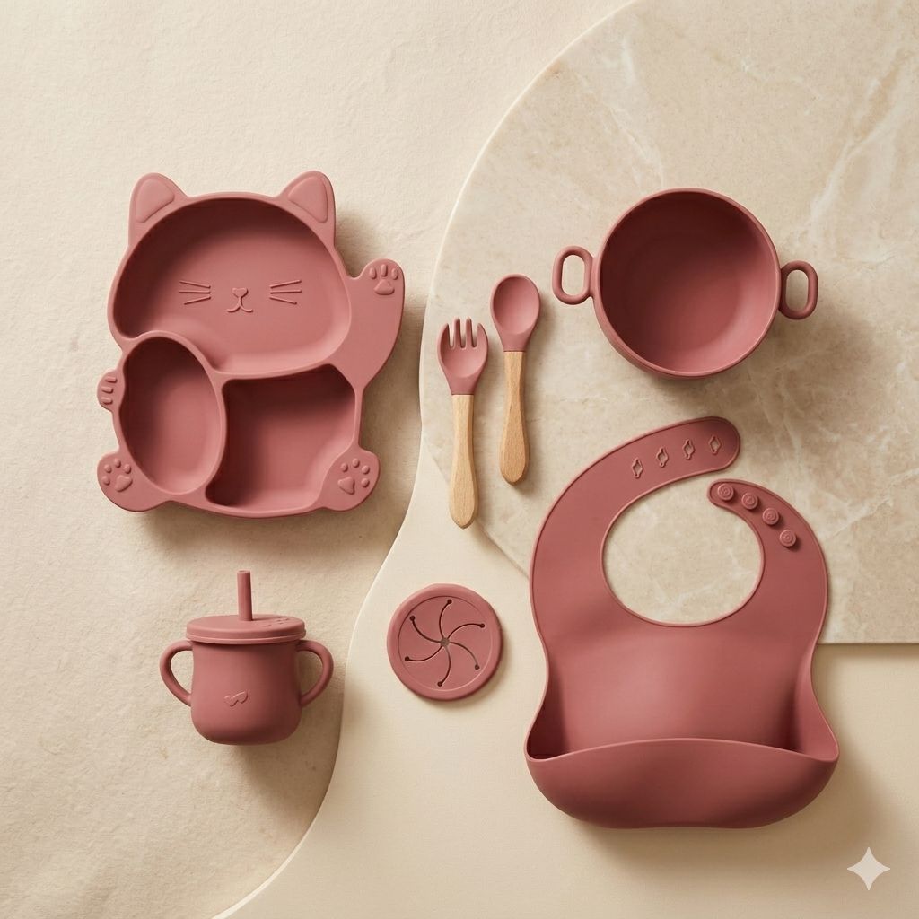 7-Piece Baby Silicone Feeding Set - BPA-Free Mealtime Essentials -Kitty