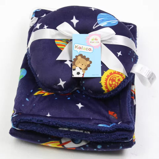 Cozy Polyester Fleece Neck Pillow and Plush Velvet Baby Blanket (Space Design)
