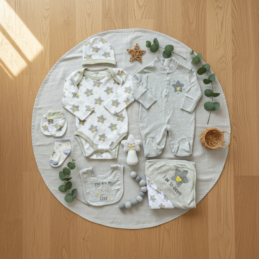 Collection of baby clothing and accessories with star patterns on a white background