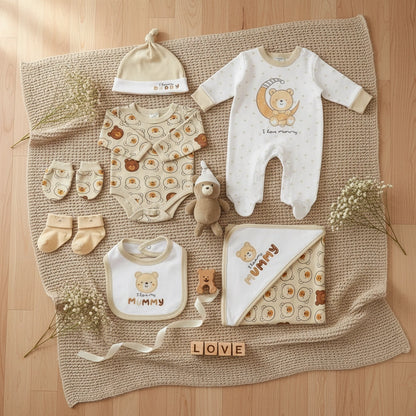 Baby clothing set with bear patterns on a white background