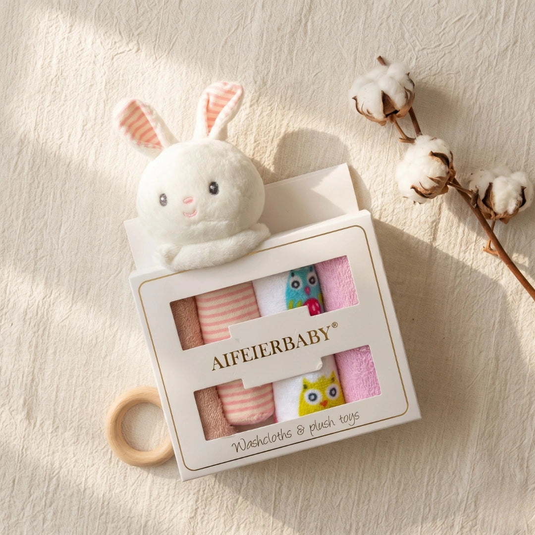 Baby Washcloths & Plush Rattle Gift Set