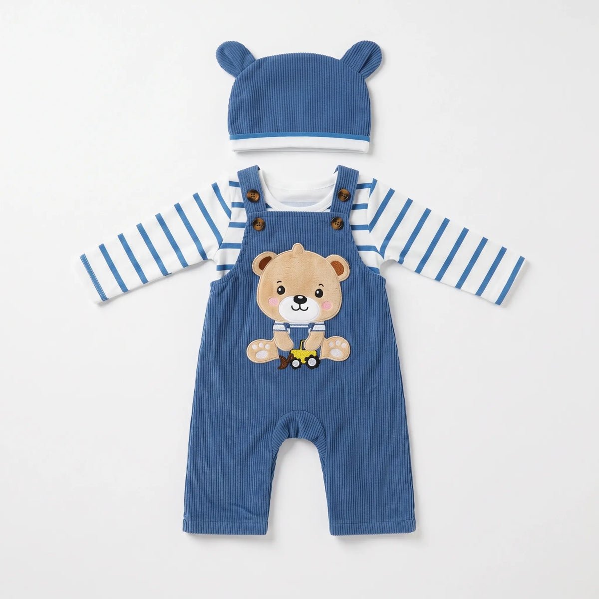 Baby 3-Piece Corduroy Dungaree Set with Bear-Ear Cap | Alaya Junior