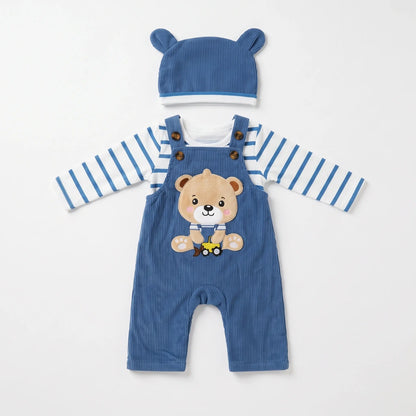 Baby 3-Piece Corduroy Dungaree Set with Bear-Ear Cap | Alaya Junior