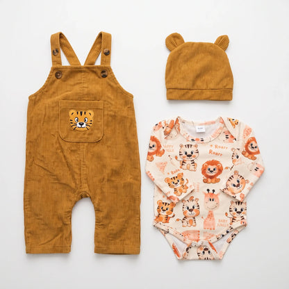 Baby 3-Piece Corduroy Dungaree Set with Bear-Ear Cap | Alaya Junior