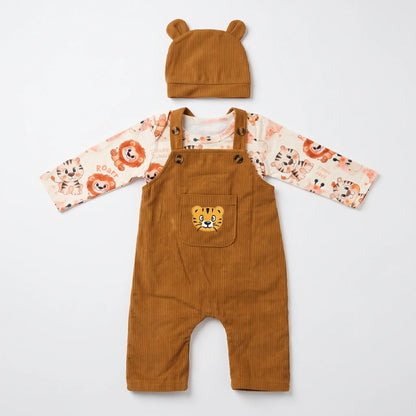 Baby 3-Piece Corduroy Dungaree Set with Bear-Ear Cap | Alaya Junior