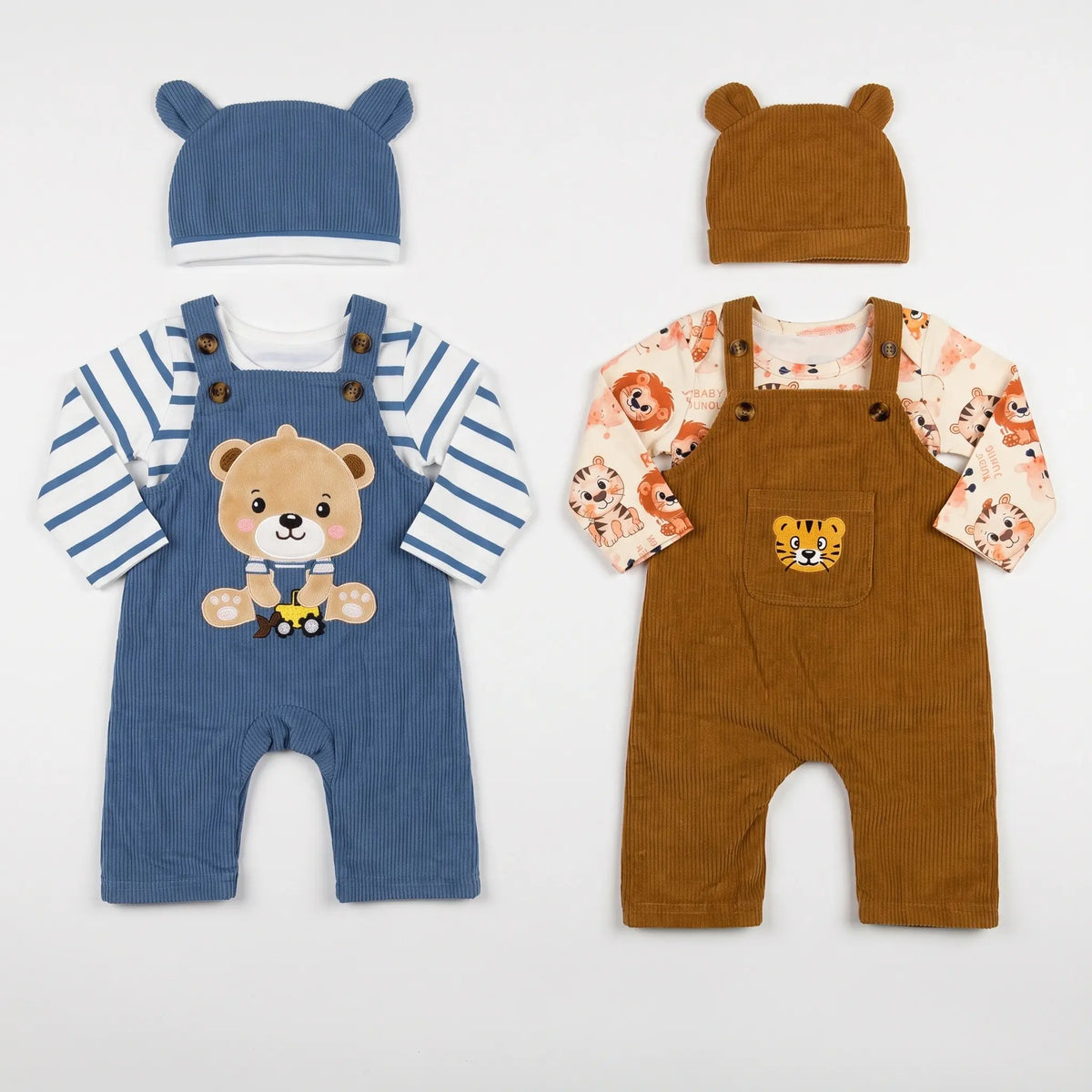 Baby 3-Piece Corduroy Dungaree Set with Bear-Ear Cap | Alaya Junior