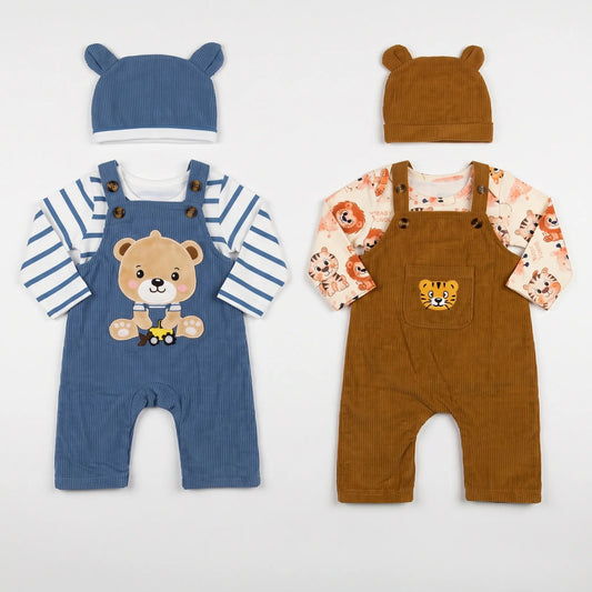 Baby 3-Piece Corduroy Dungaree Set with Bear-Ear Cap | Alaya Junior