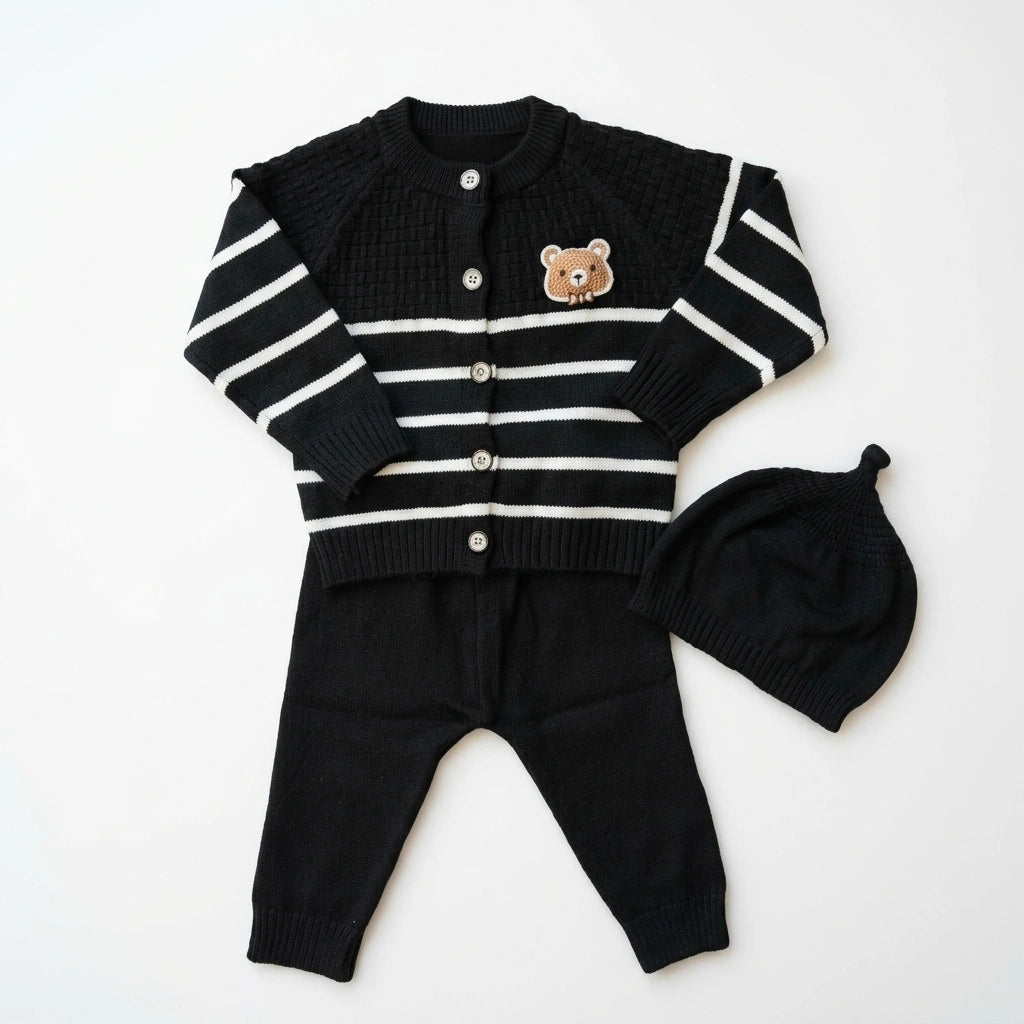 Baby 3-Piece Knit Set – Striped Bear Cardigan, Trousers & Beanie