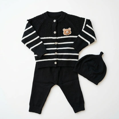 Baby 3-Piece Knit Set – Striped Bear Cardigan, Trousers & Beanie