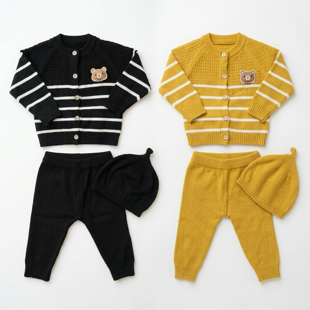 Two baby knit clothing sets laid flat on a white background: a black cardigan with white stripes and a small bear patch, paired with black pants and hat; and a mustard yellow cardigan with white stripes and a small bear patch, paired with yellow pants and hat.