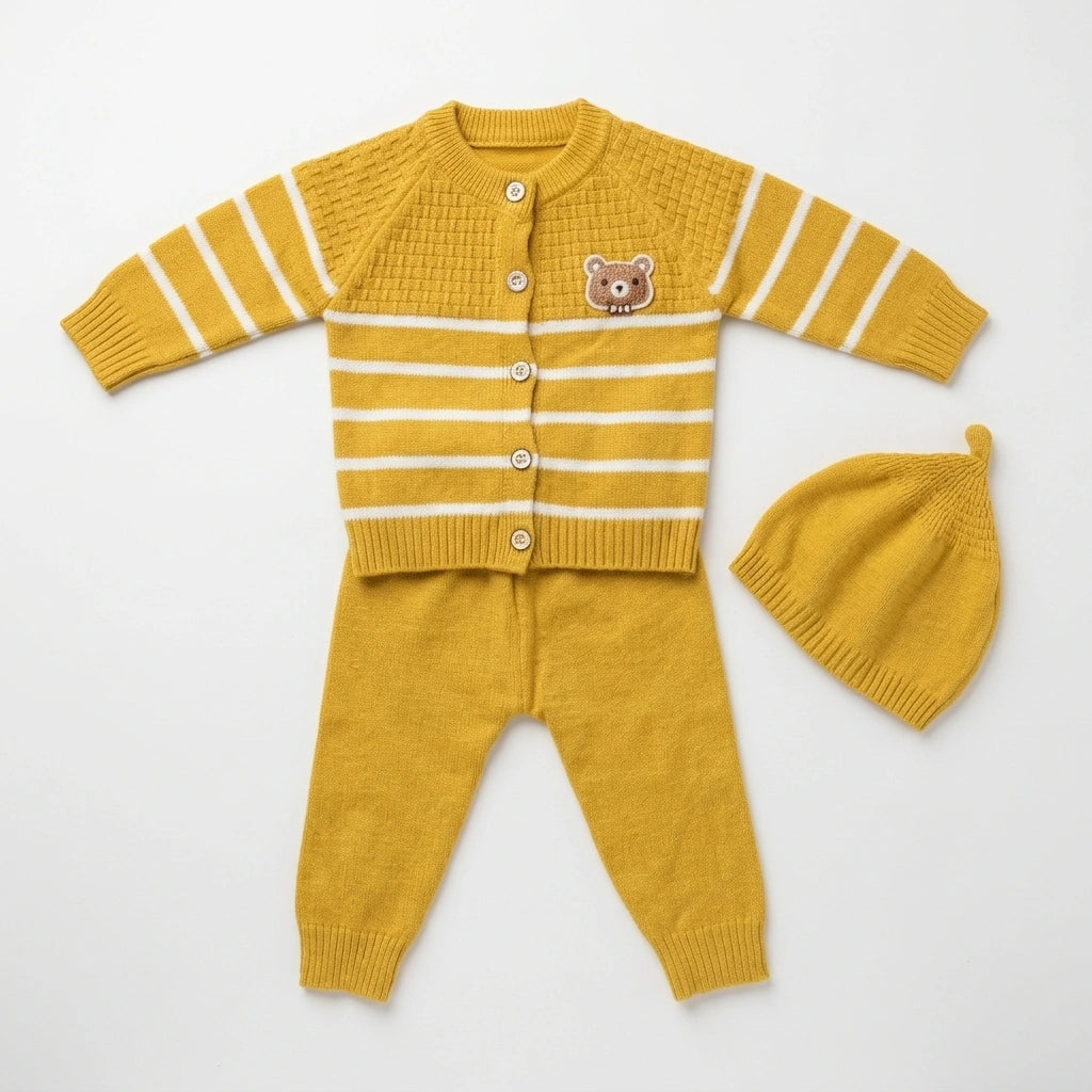 Baby 3-Piece Knit Set – Striped Bear Cardigan, Trousers & Beanie