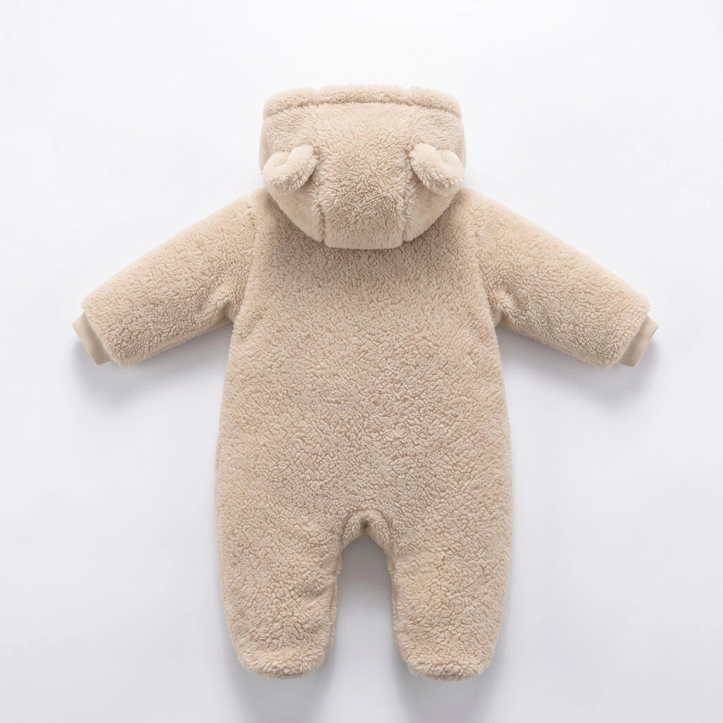 A plush teddy bear hooded baby snowsuit in a soft beige fleece fabric, shown from the back on a clean white background.