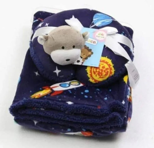 Cozy Polyester Fleece Neck Pillow and Plush Velvet Baby Blanket (Space Design)