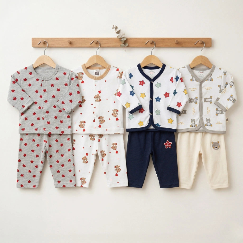 Set of children's clothing with star and bear patterns hanging on a rack against a white background.
