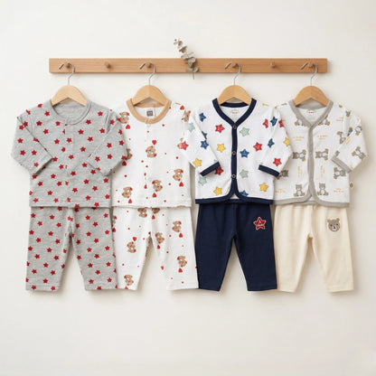 Set of children's clothing with star and bear patterns hanging on a rack against a white background.