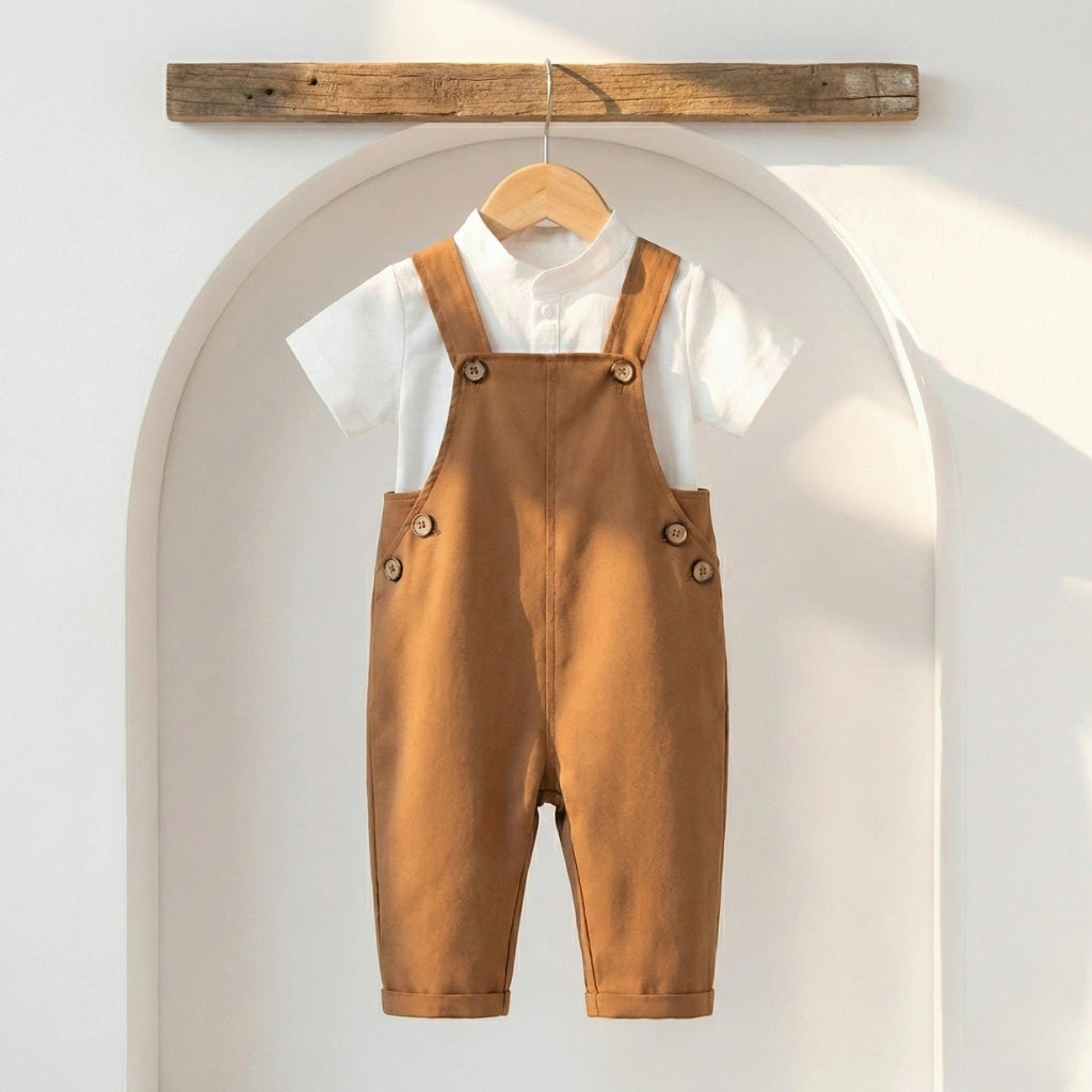 Brown overalls hanging on a wooden hanger against a white background