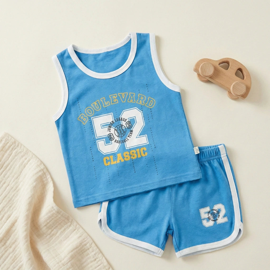 Blue children's tank top and shorts set with 'Boulevard 52 Classic' text on a beige background.