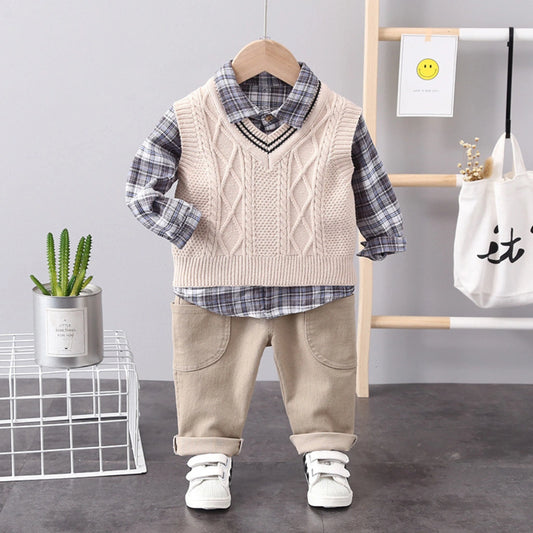 3-Piece Boys Plaid Vest Set  – Cable Knit Vest, Plaid Shirt & Cargo Pants (6M–5Y)