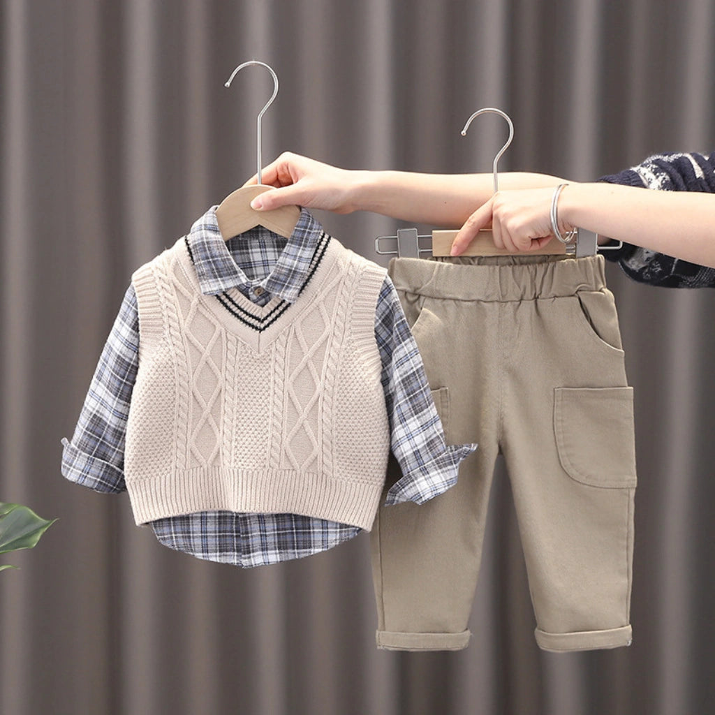 3-Piece Boys Plaid Vest Set  – Cable Knit Vest, Plaid Shirt & Cargo Pants (6M–5Y)