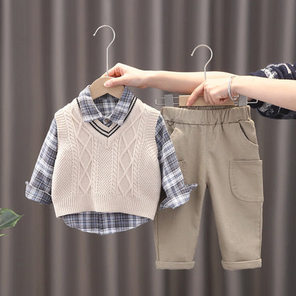 3-Piece Boys Plaid Vest Set  – Cable Knit Vest, Plaid Shirt & Cargo Pants (6M–5Y)
