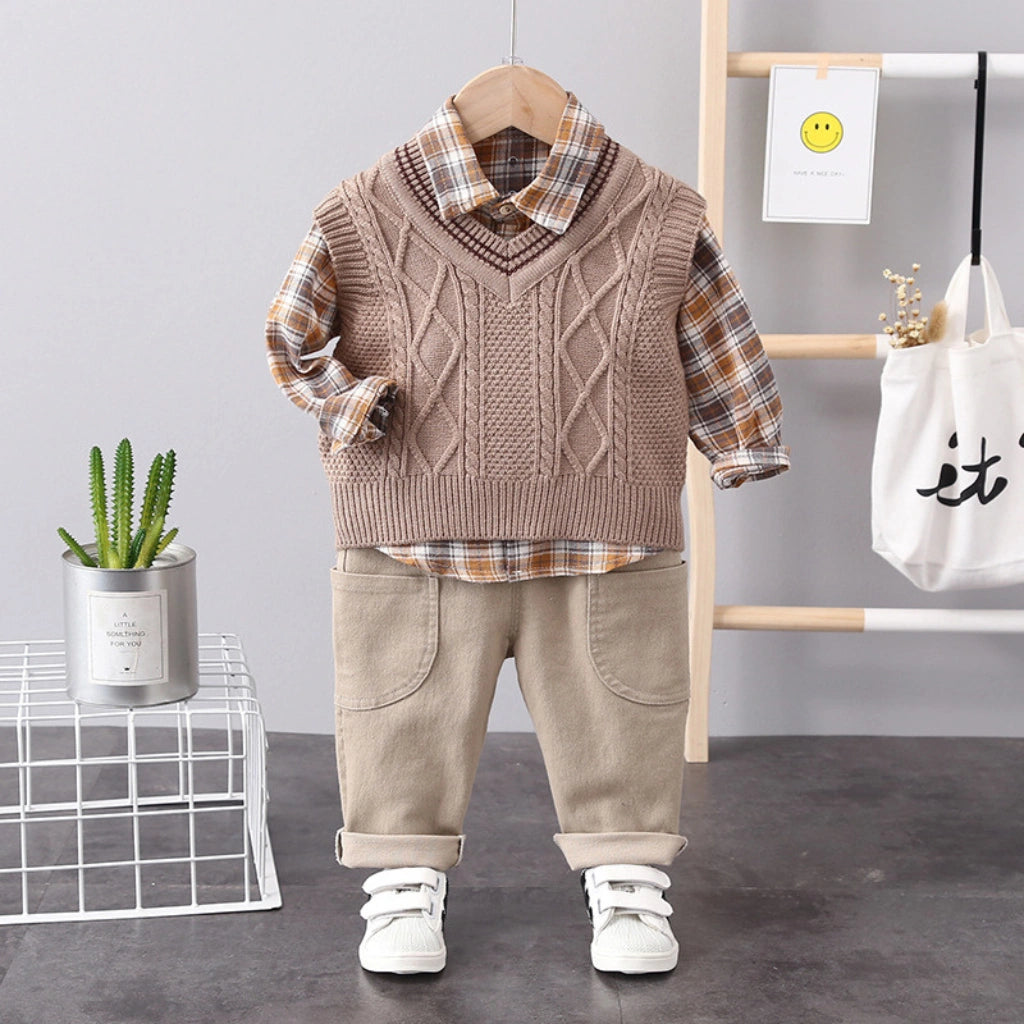 3-Piece Boys Plaid Vest Set  – Cable Knit Vest, Plaid Shirt & Cargo Pants (6M–5Y)