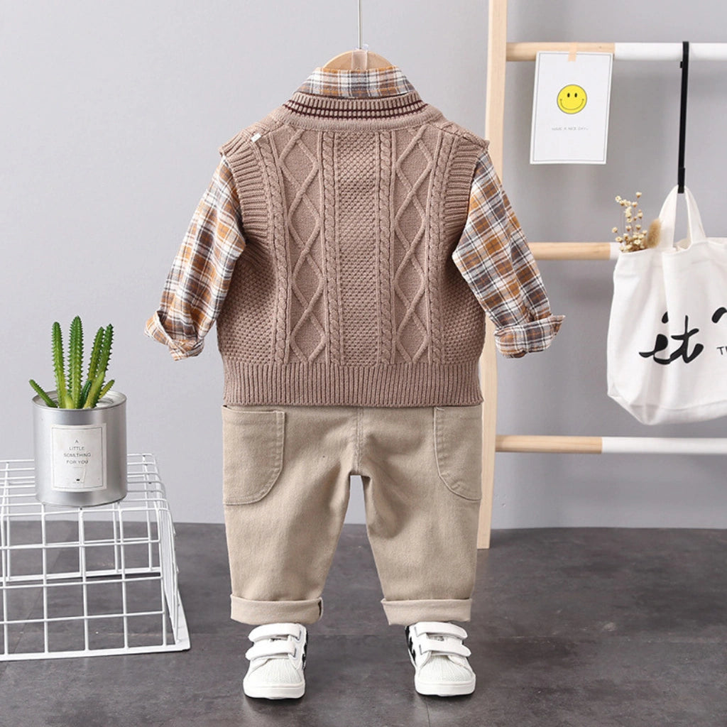 3-Piece Boys Plaid Vest Set  – Cable Knit Vest, Plaid Shirt & Cargo Pants (6M–5Y)