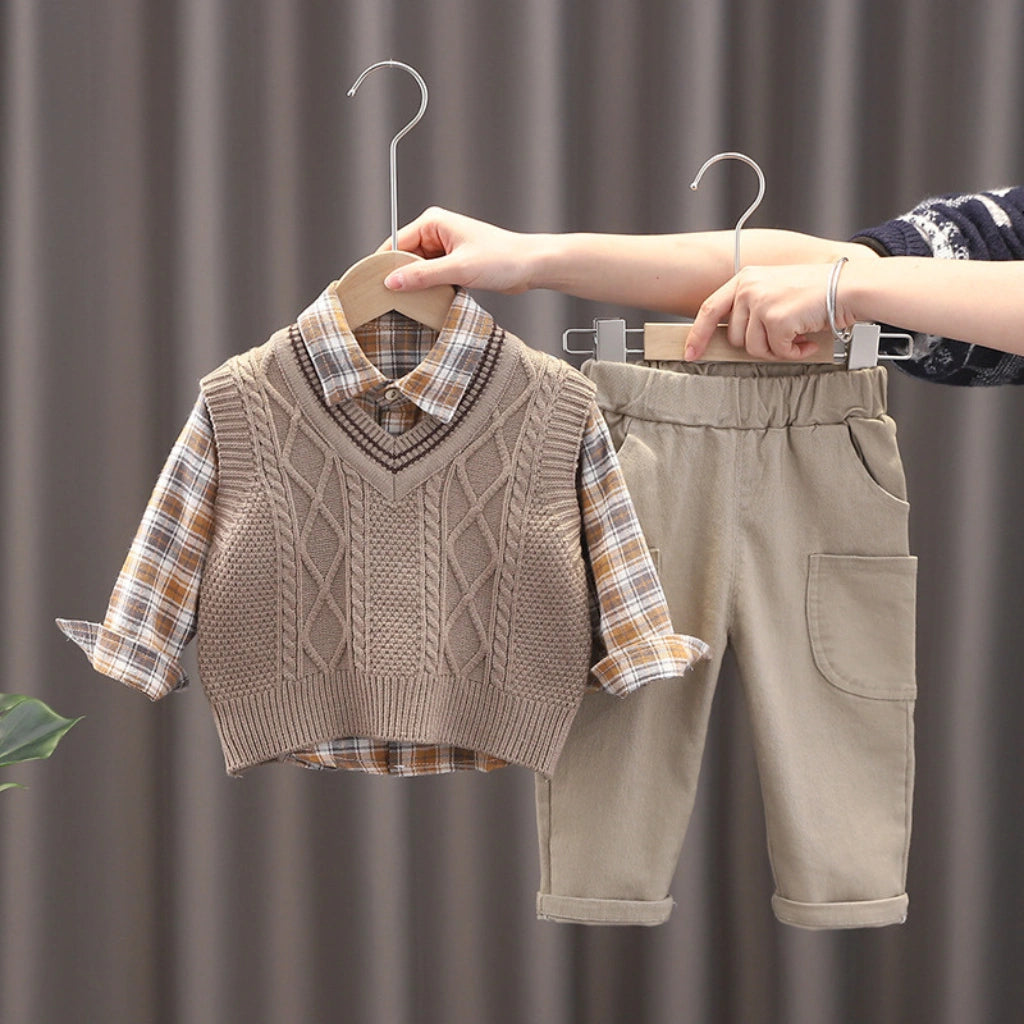 3-Piece Boys Plaid Vest Set  – Cable Knit Vest, Plaid Shirt & Cargo Pants (6M–5Y)