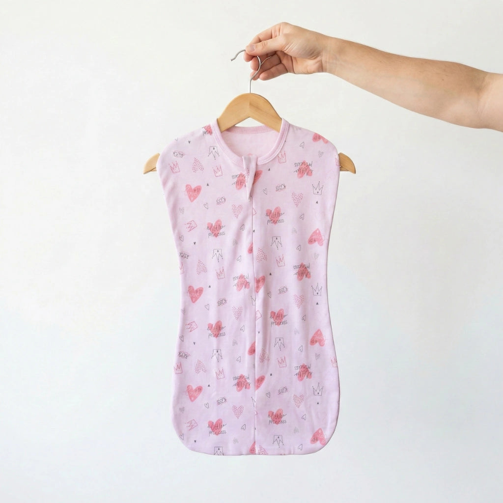Pink baby vest with heart pattern on a hanger against a white background