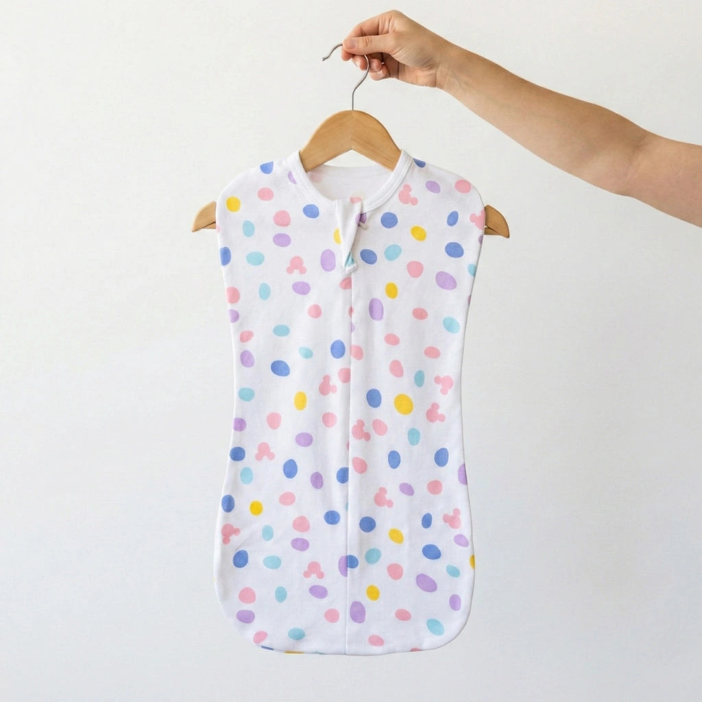 Baby sleeping bag with colorful polka dots on a hanger against a white background