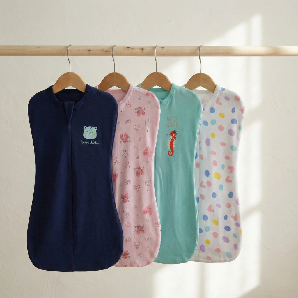 Four baby swaddle blankets with different designs hanging on a rack against a neutral background.