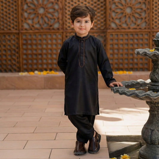Baby Boy Elegant Black Kurta Shalwar 2-Piece Traditional Set (1-4Y)