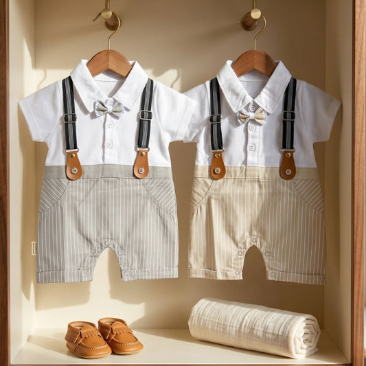 Two baby outfits with suspenders and bow ties hanging on a rack.