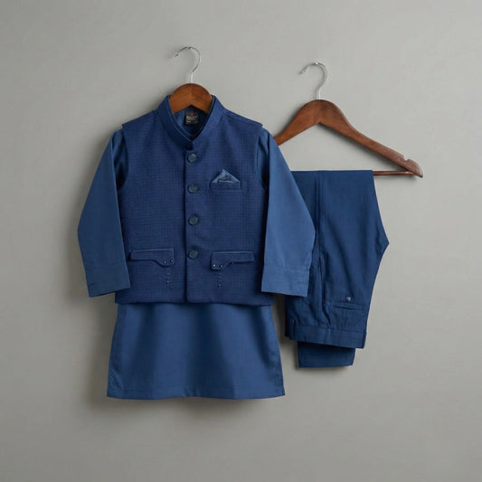 Blue children's formal outfit with jacket, shirt, and pants on hangers against a plain background