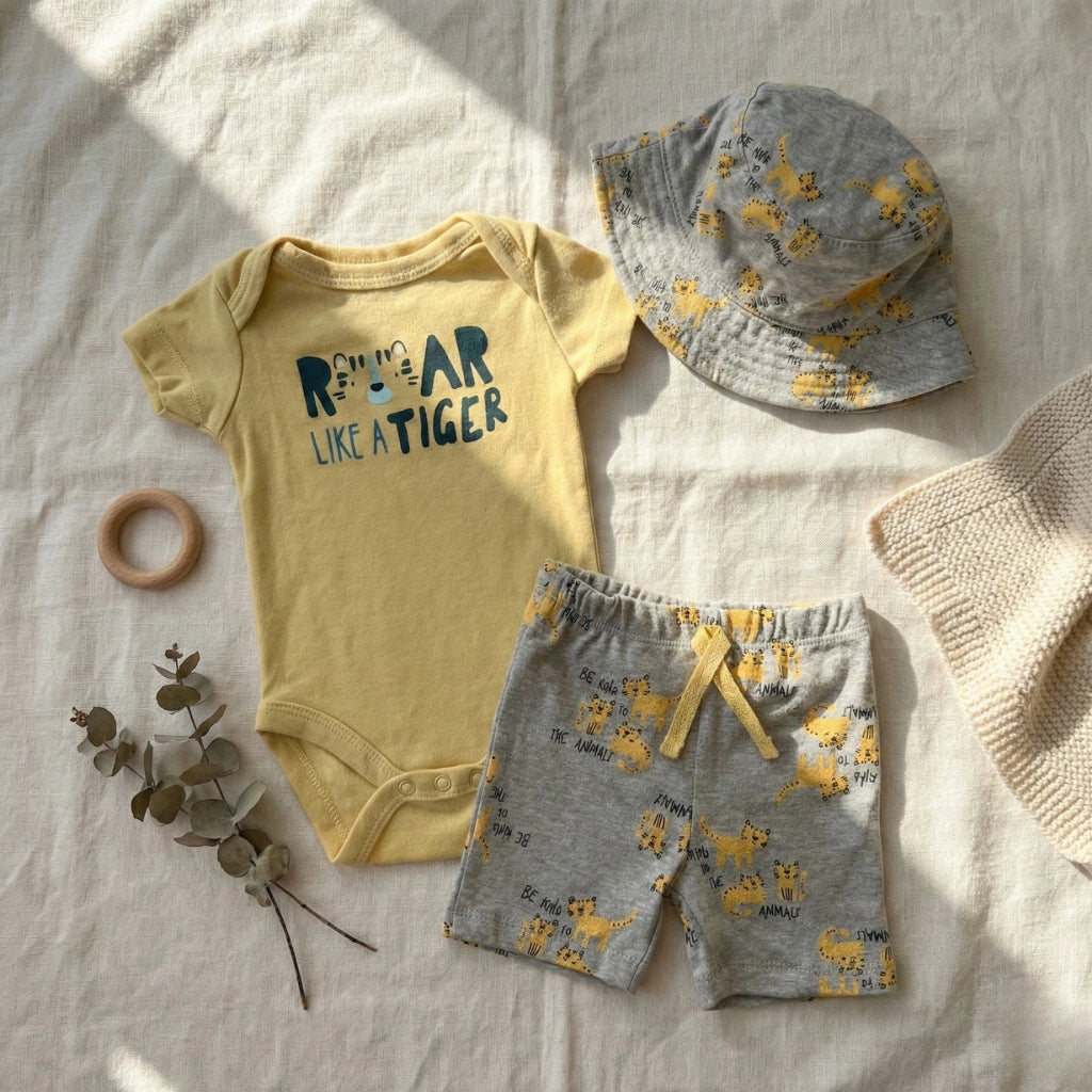 Baby Boy 4-Piece Tiger Print Summer Set with Bodysuit and Sun Hat
