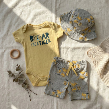 Baby Boy 4-Piece Tiger Print Summer Set with Bodysuit and Sun Hat