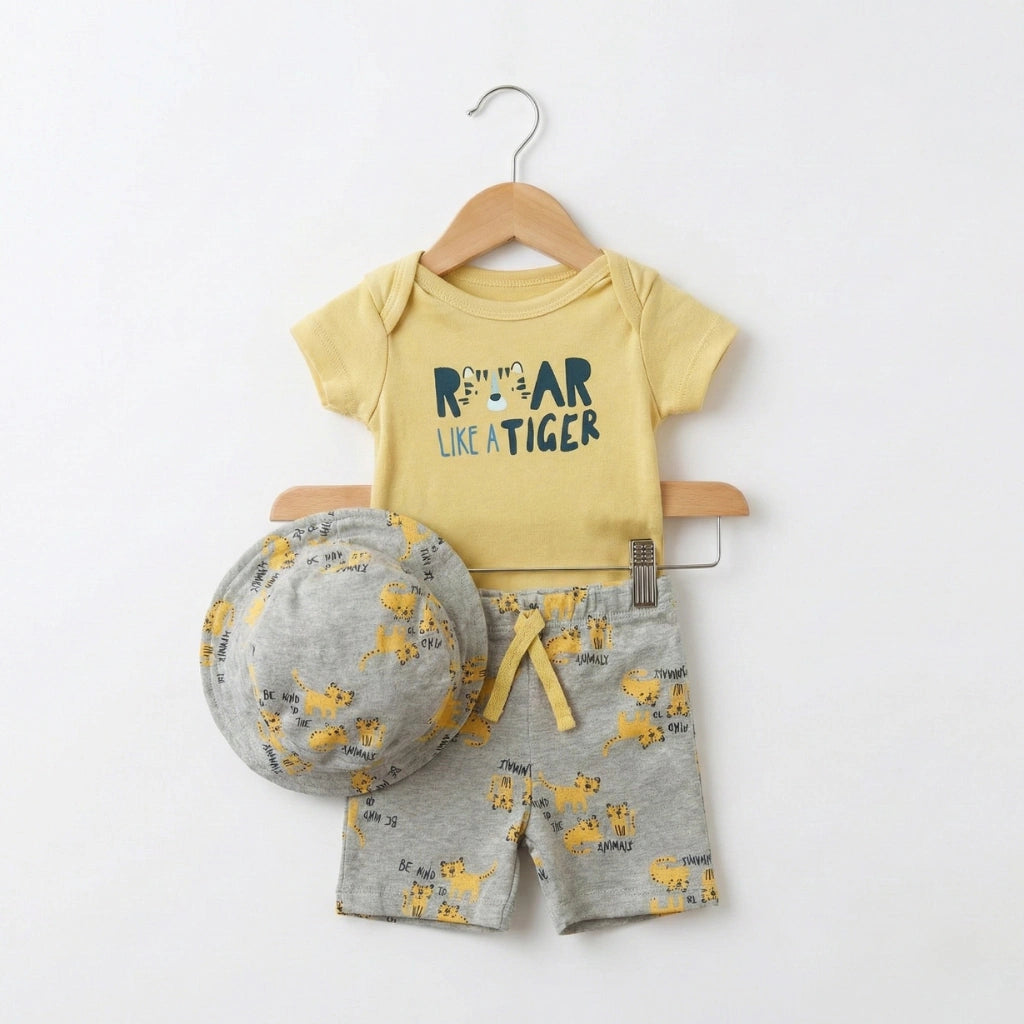 Baby Boy 4-Piece Tiger Print Summer Set with Bodysuit and Sun Hat