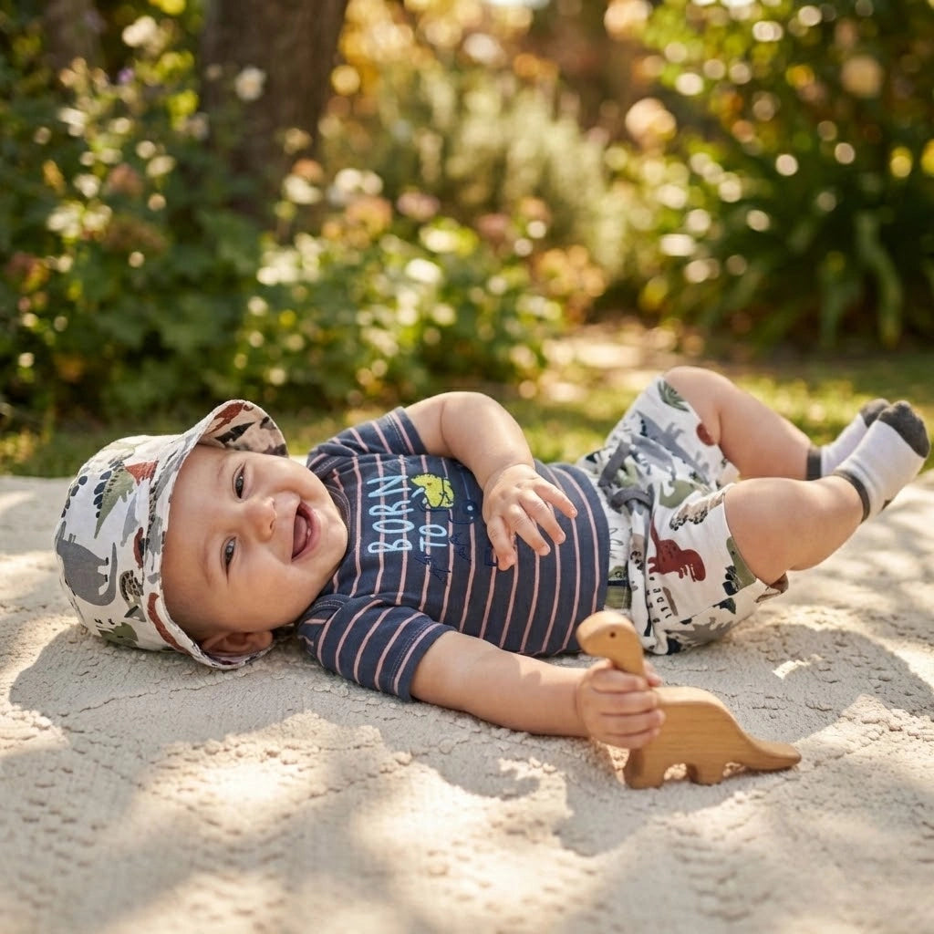 Baby lying on sand with a wooden toy, surrounded by greenery