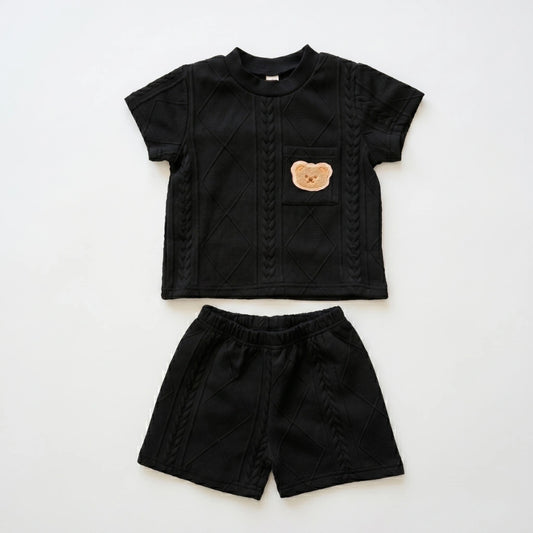 Baby Boy Black Cable Texture Set — Bear Patch Top & Shorts
