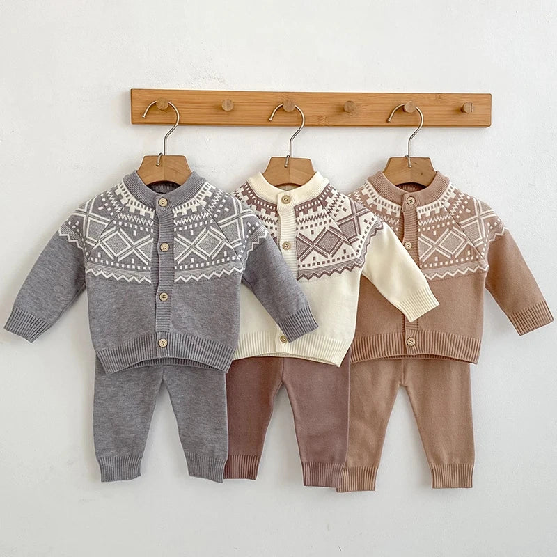 2-Piece Baby Boy Knit Cardigan Set with Nordic Pattern