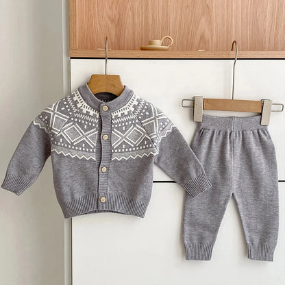2-Piece Baby Boy Knit Cardigan Set with Nordic Pattern